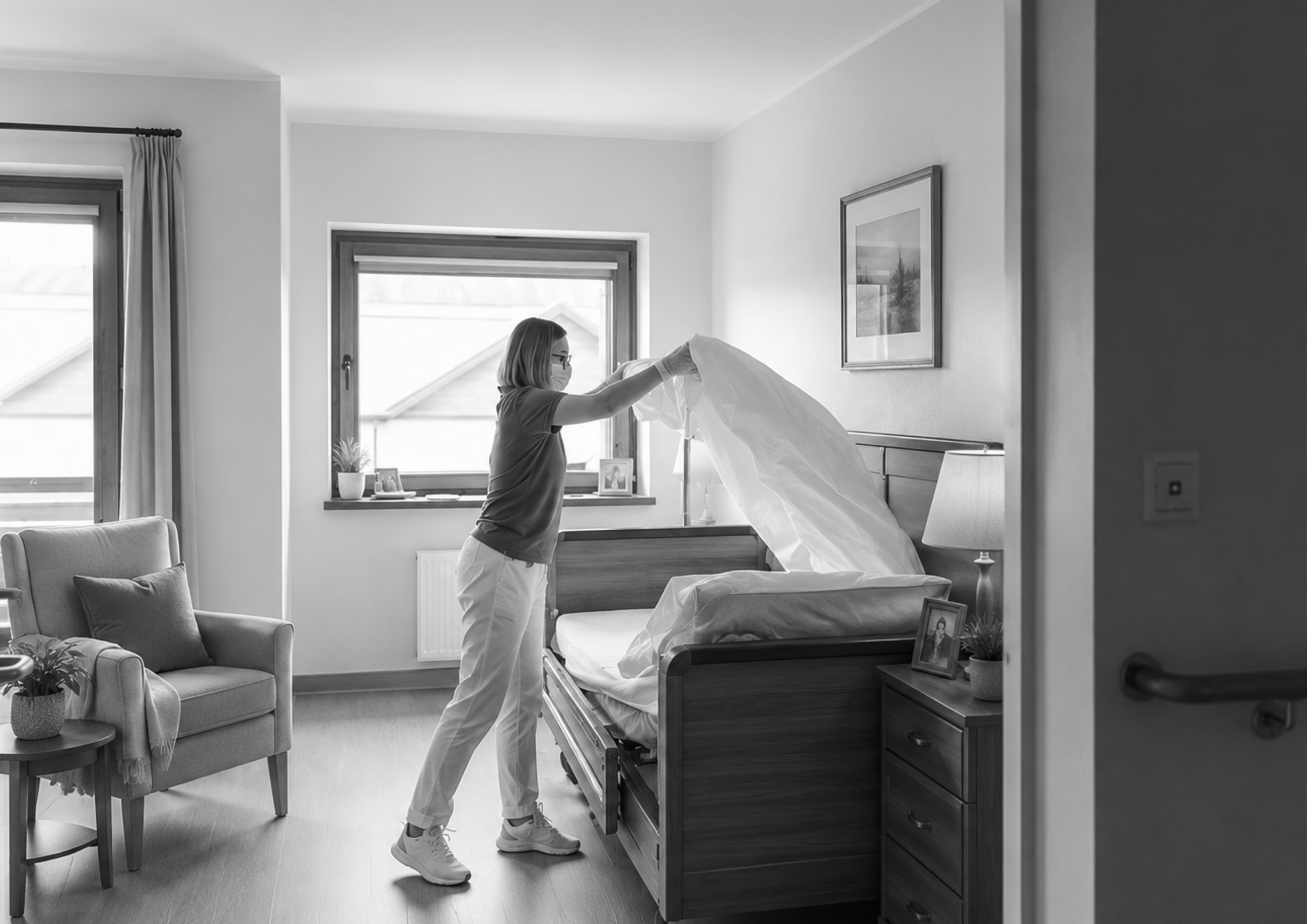 Skilled nursing professional changing the linens in a resident’s room.