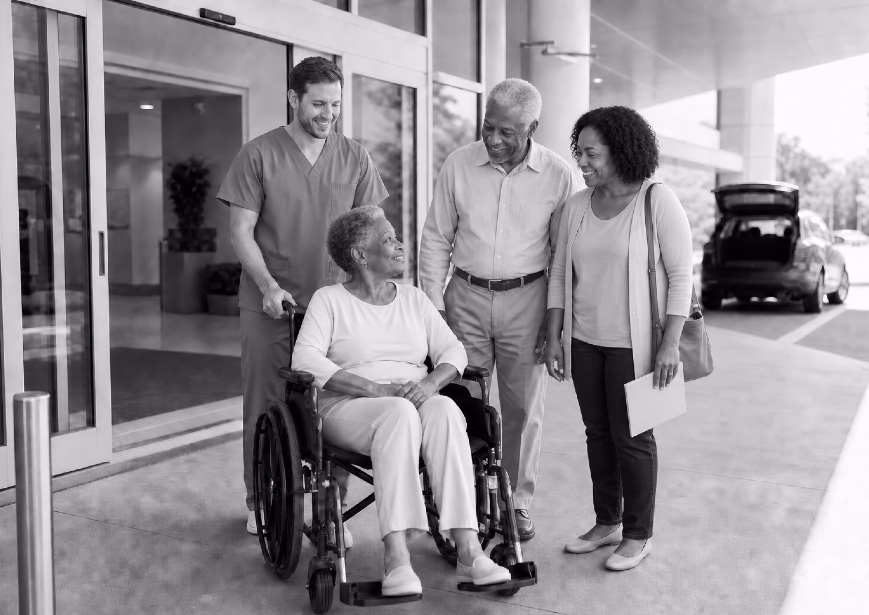 Care team and family accompanying an older woman in a wheelchair as she leaves a care facility.