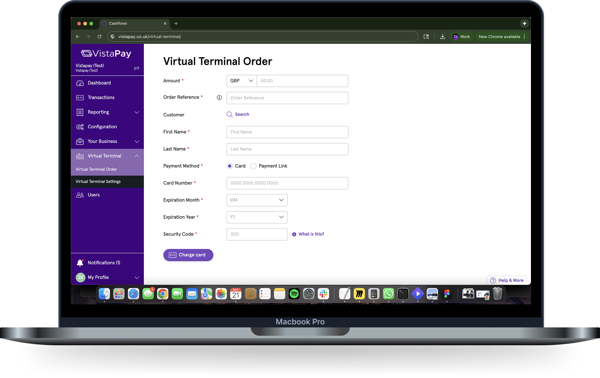 A mockup of the VistaPay Virtual Terminal on a Macbook