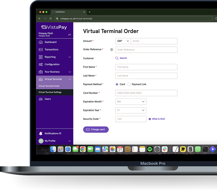 Mockup of VistaPay virtual terminal on a macbook pro with partial screen view