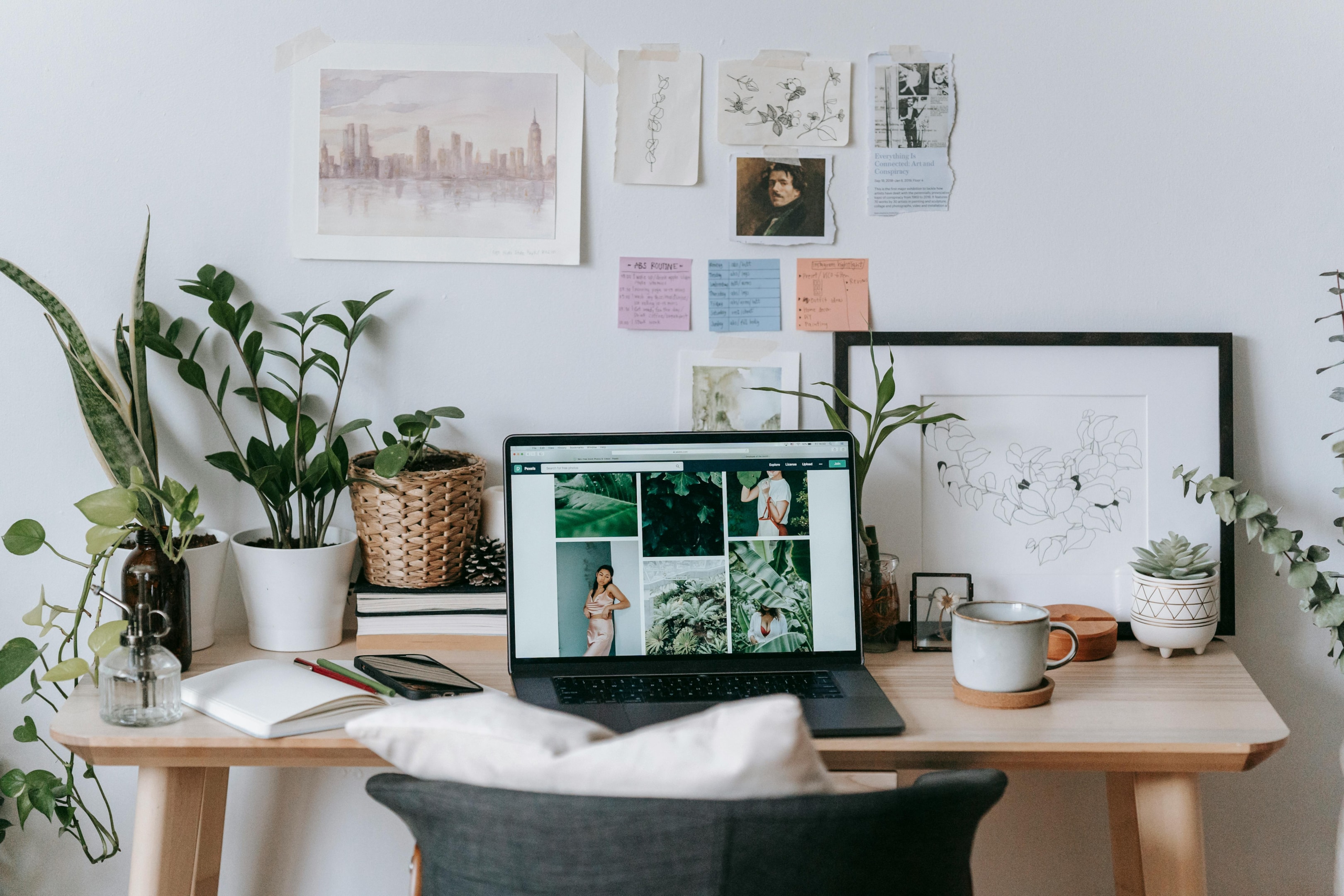 A laptop at a desk with plants round it.