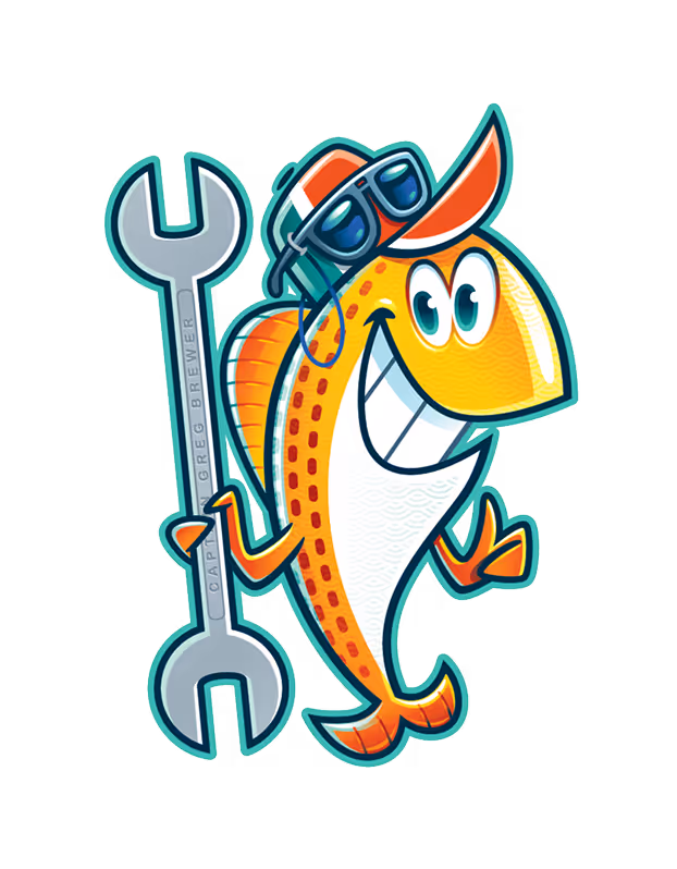 Cartoon fish mechanic with wrench, wearing sunglasses and cap