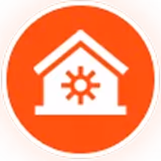 Solar home icon with sun and house in bright orange circle