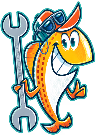 Cartoon fish mechanic wearing sunglasses and holding a wrench