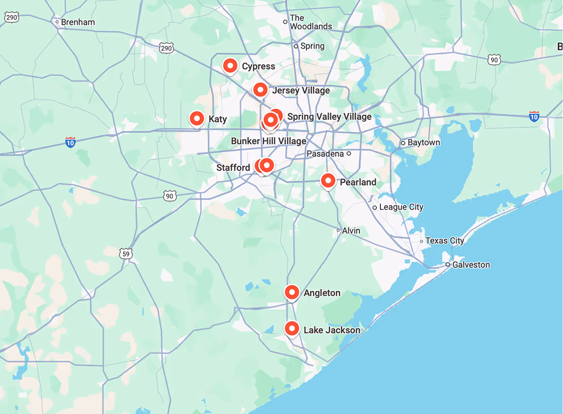 Map of Houston metro area showing various suburban cities and highways