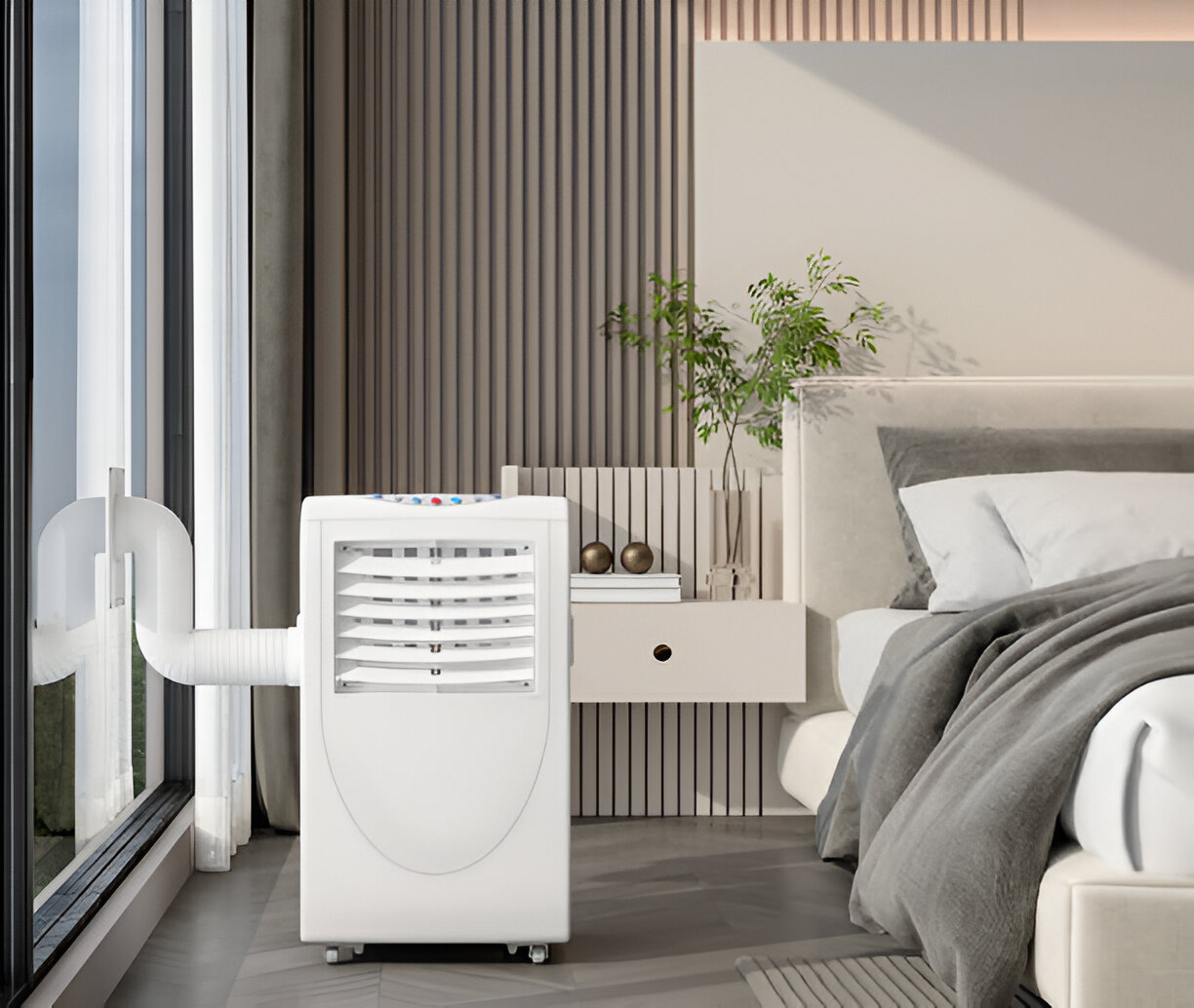 White portable air conditioner in modern minimalist bedroom with large window