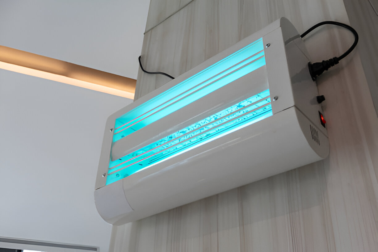 UV light sterilization device mounted on white wall with blue glow