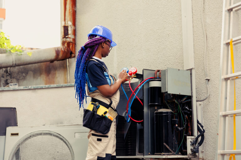 Technician performing HVAC diagnostics and repair