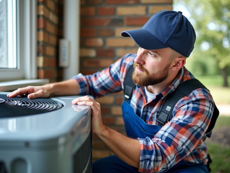 A bearded HVAC technician in a blue cap, plaid shirt, and blue overalls is kneeling next to an outdoor air conditioning unit, looking up and to the side.