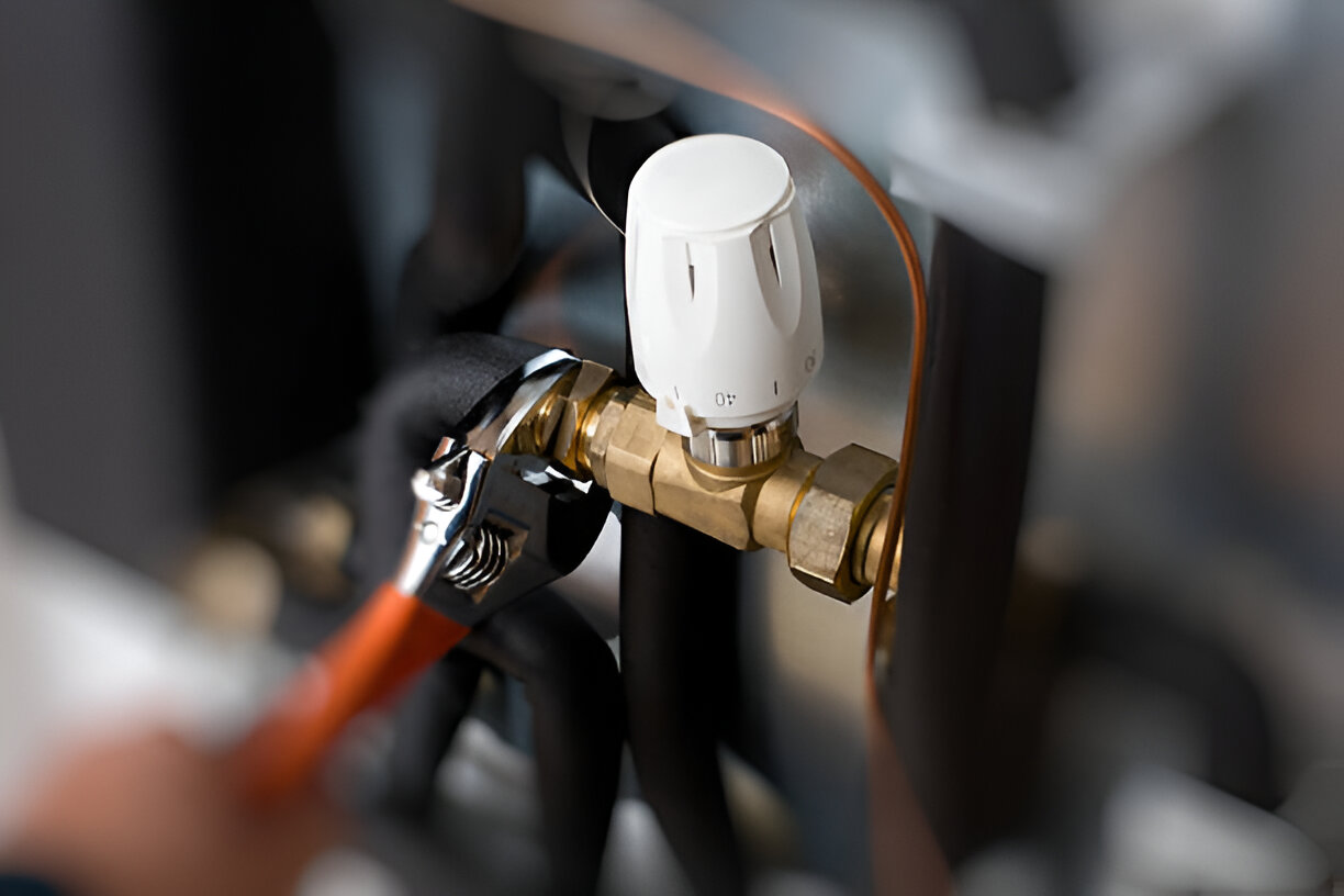 White thermostat valve on brass pipe with blurred industrial background