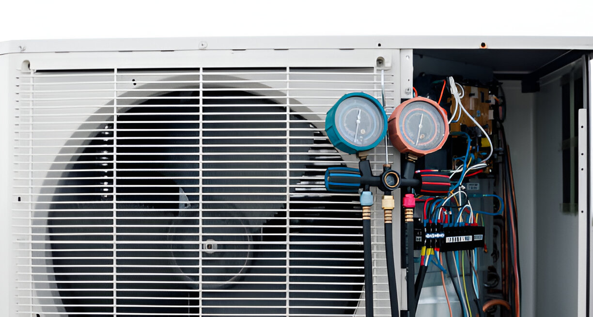 Air conditioning unit with pressure gauges and electrical wiring