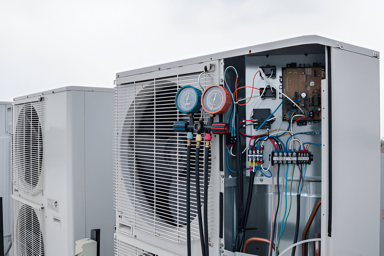 Air conditioning unit with open panel showing internal wiring and pressure gauges