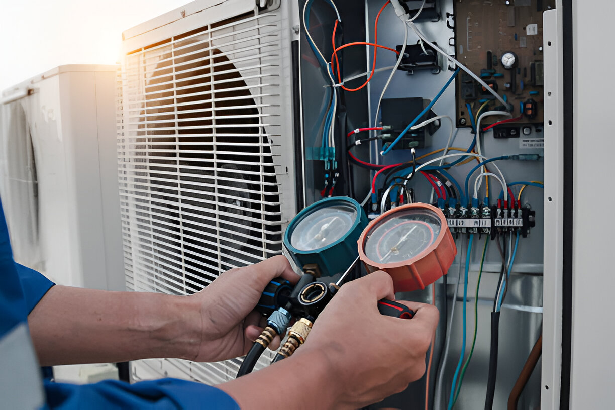 Technician checking air conditioner with pressure gauges and electrical panel
