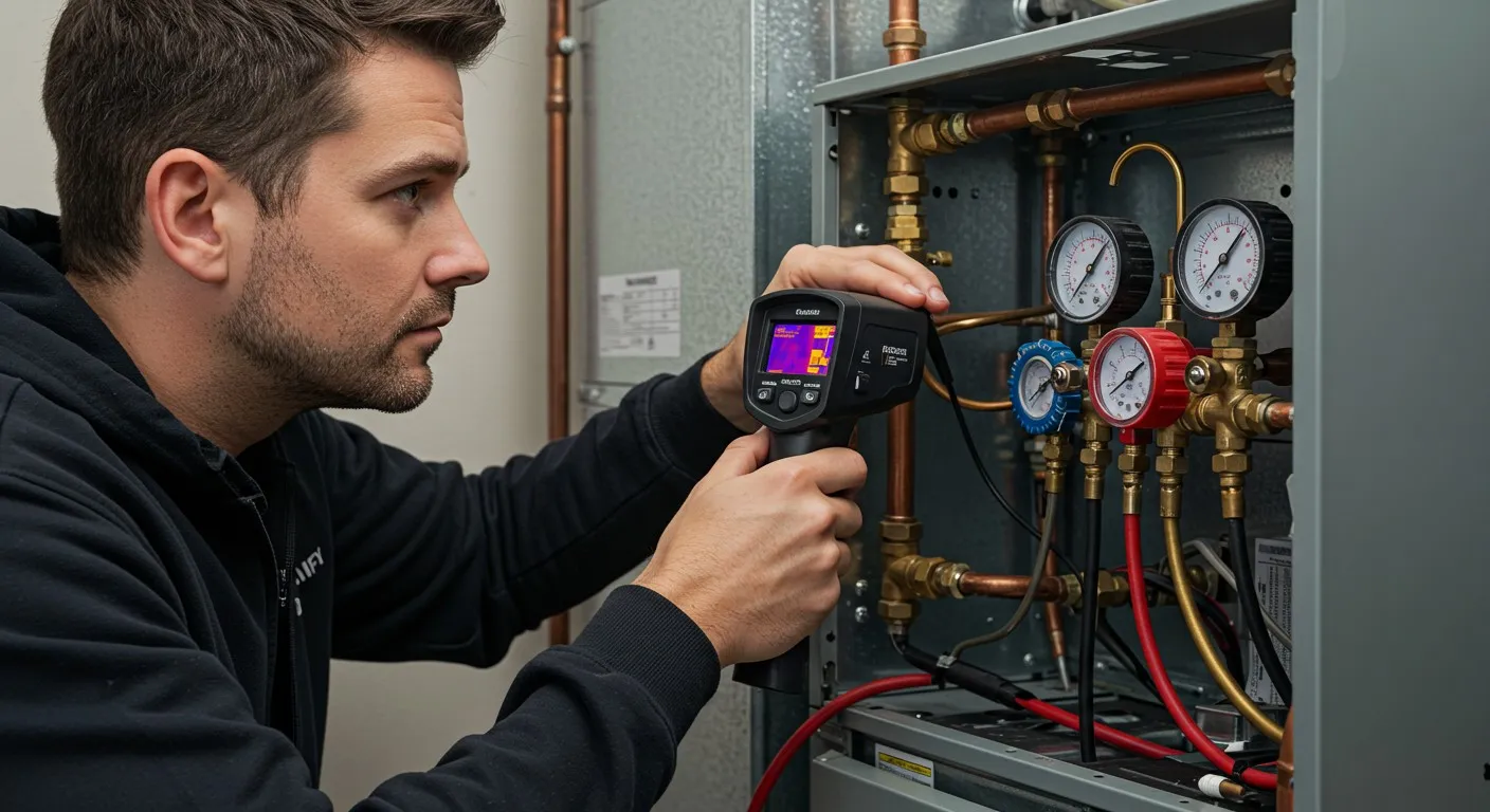 Plumber adjusting valves on a water heater using wrench