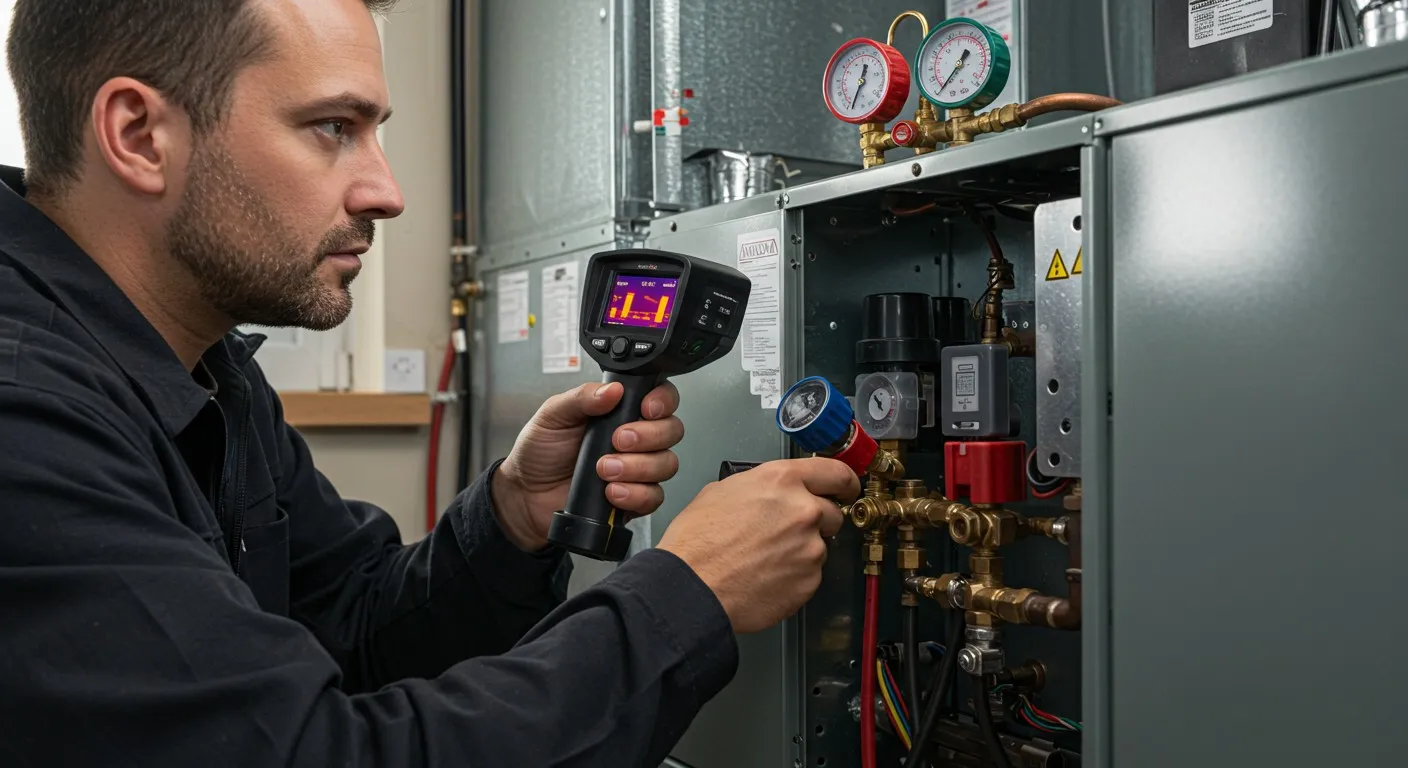 Technician repairing internal components of a water heater or boiler