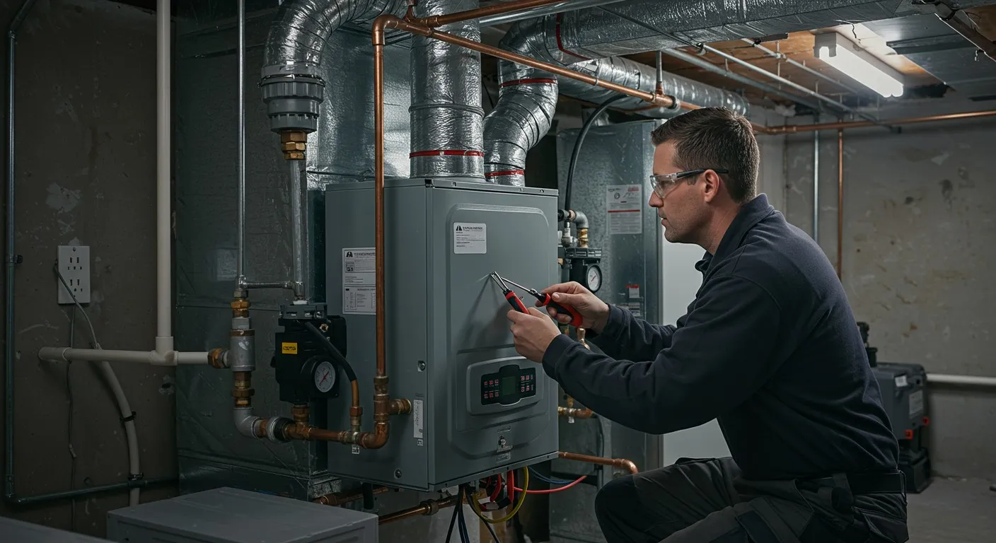 Technician repairing a water heater, adjusting internal components with tools