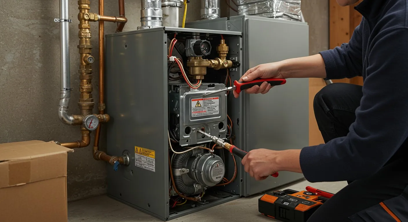 Technician repairing and inspecting internal components of a heating system