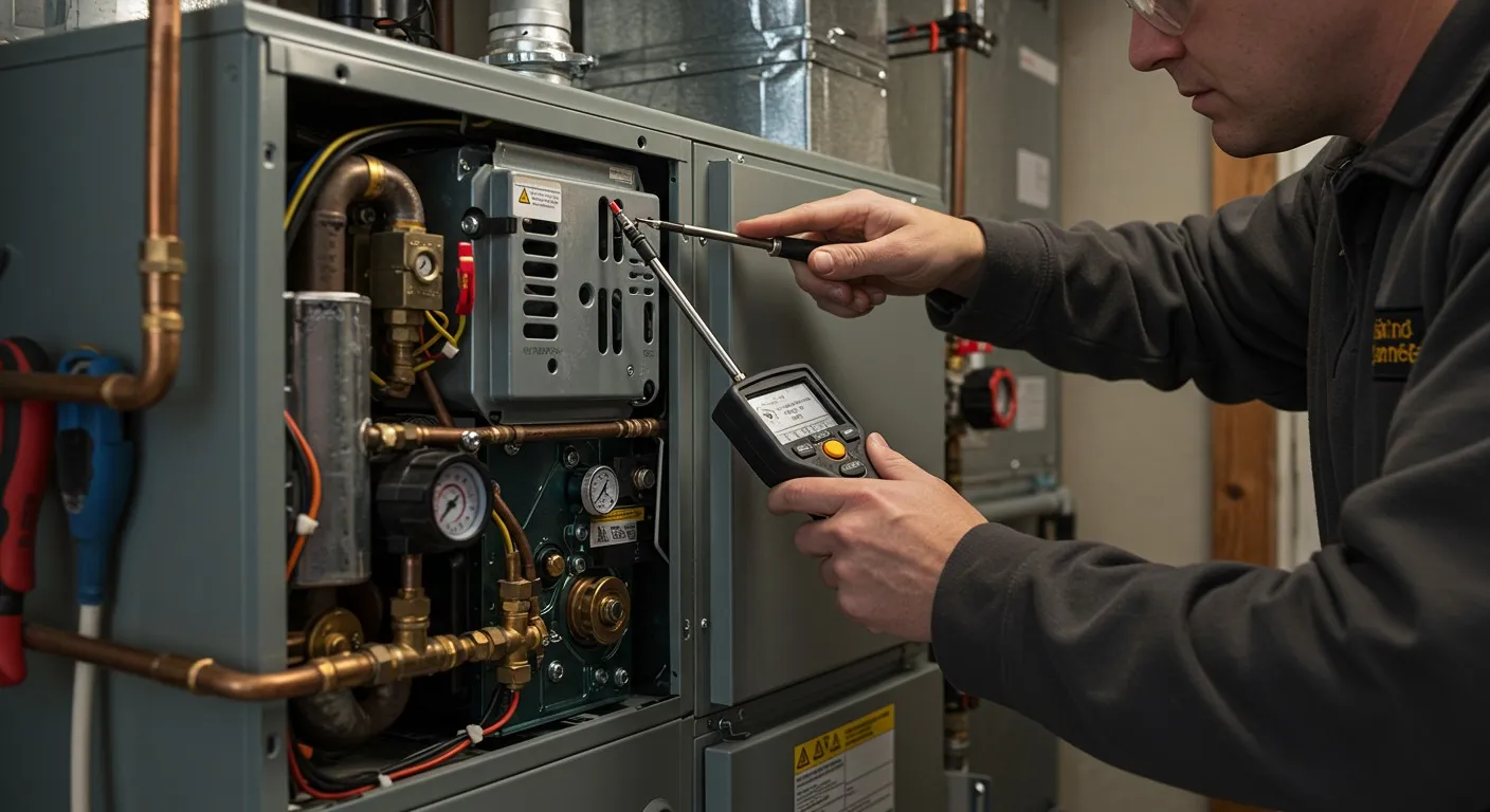 Technician repairing internal components of an electrical or plumbing system