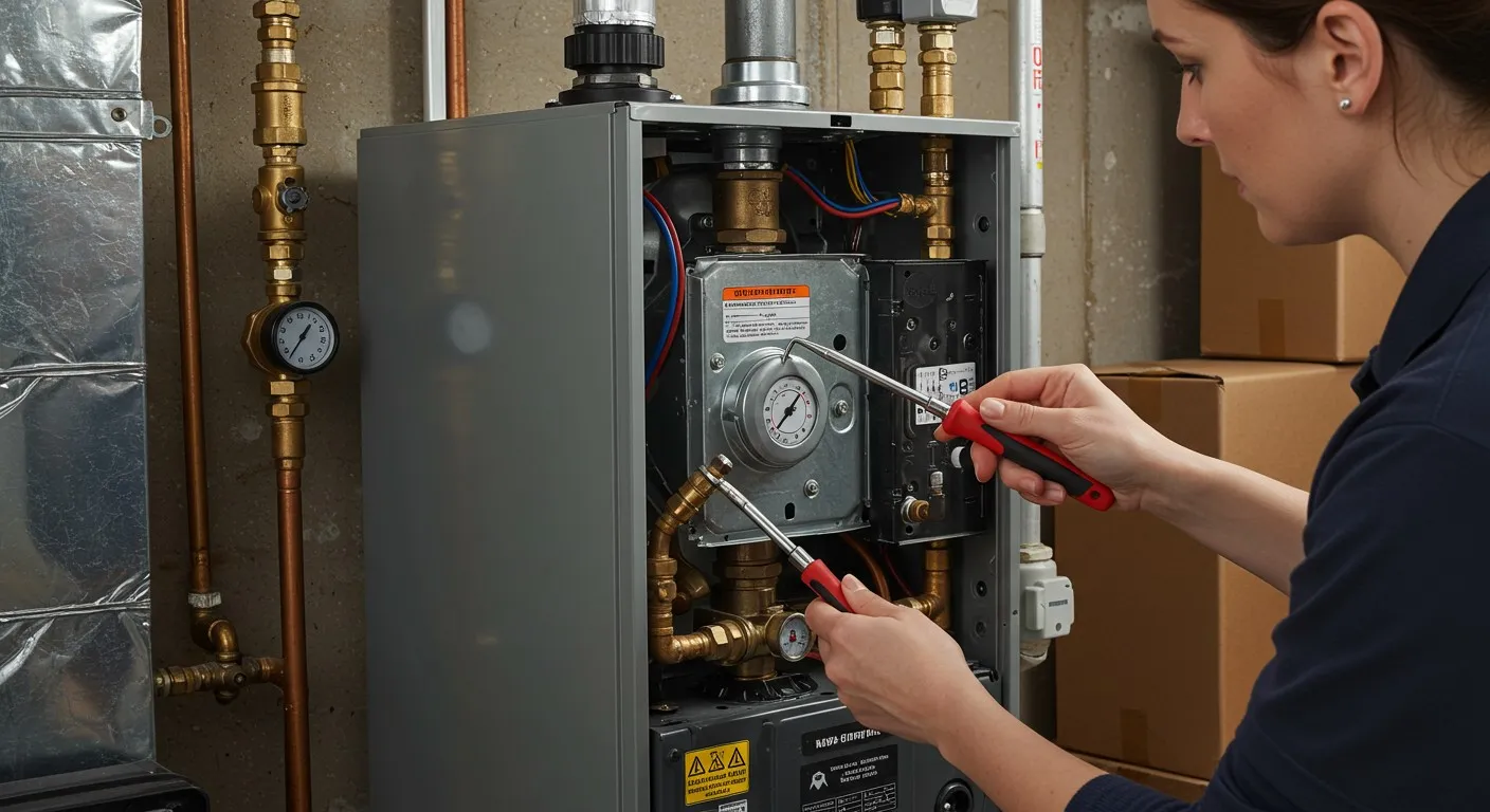 Technician repairing internal components of a water heater or boiler system