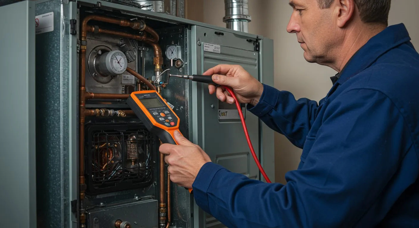 Gloved hand using wrench on copper and red plumbing pipes
