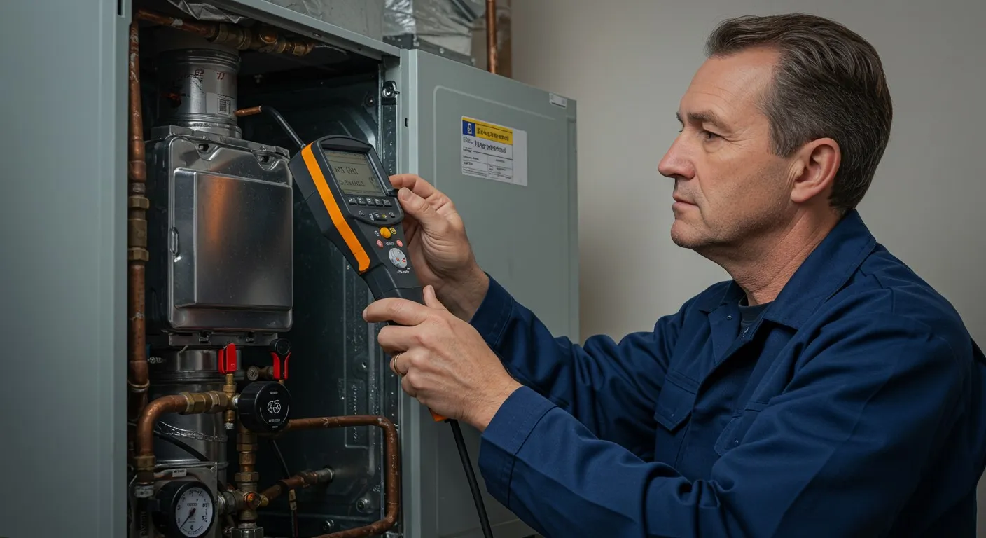 Technician repairing a boiler or heating system with tools
