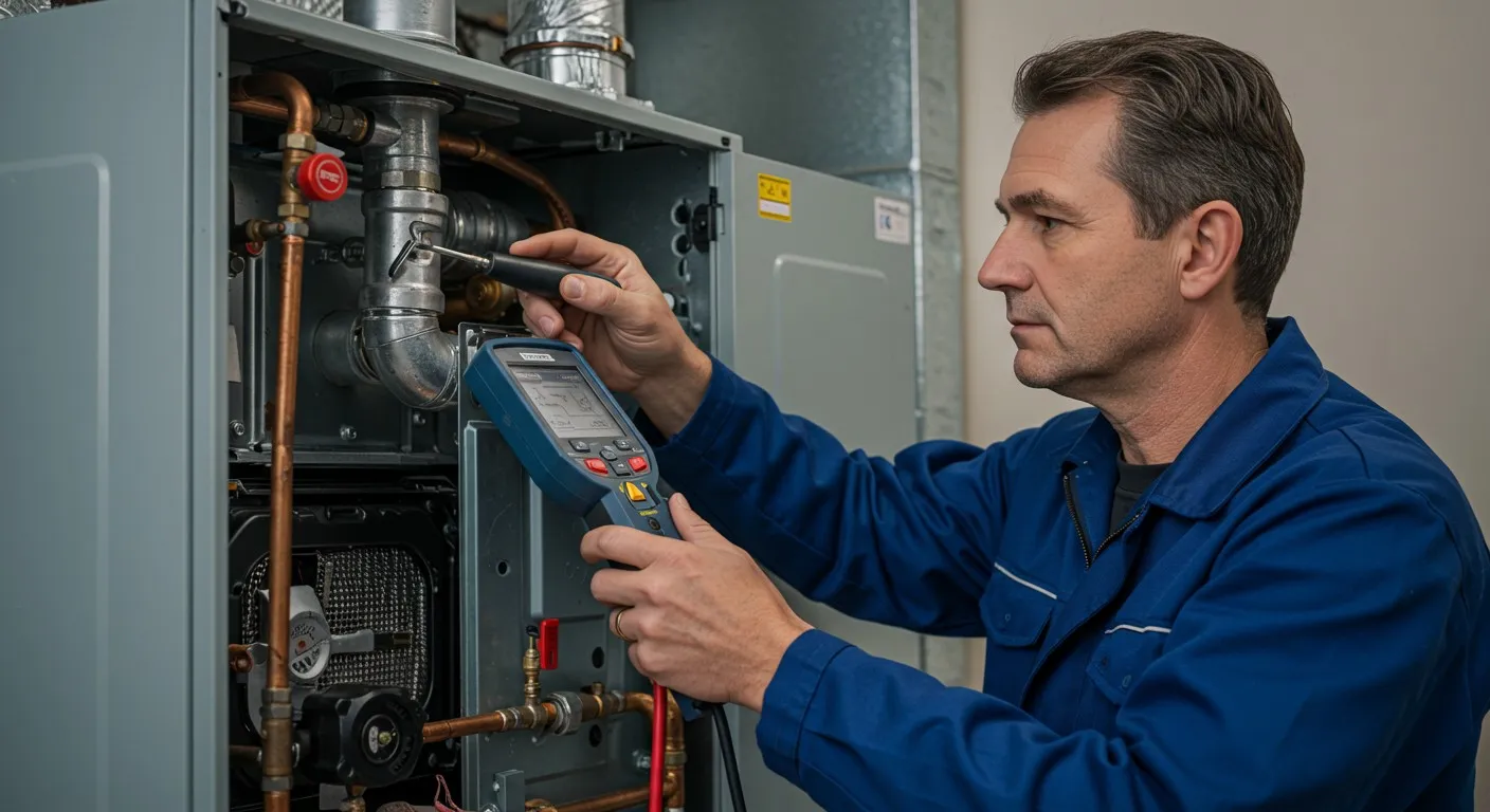 Technician adjusting settings on a wall-mounted water heater