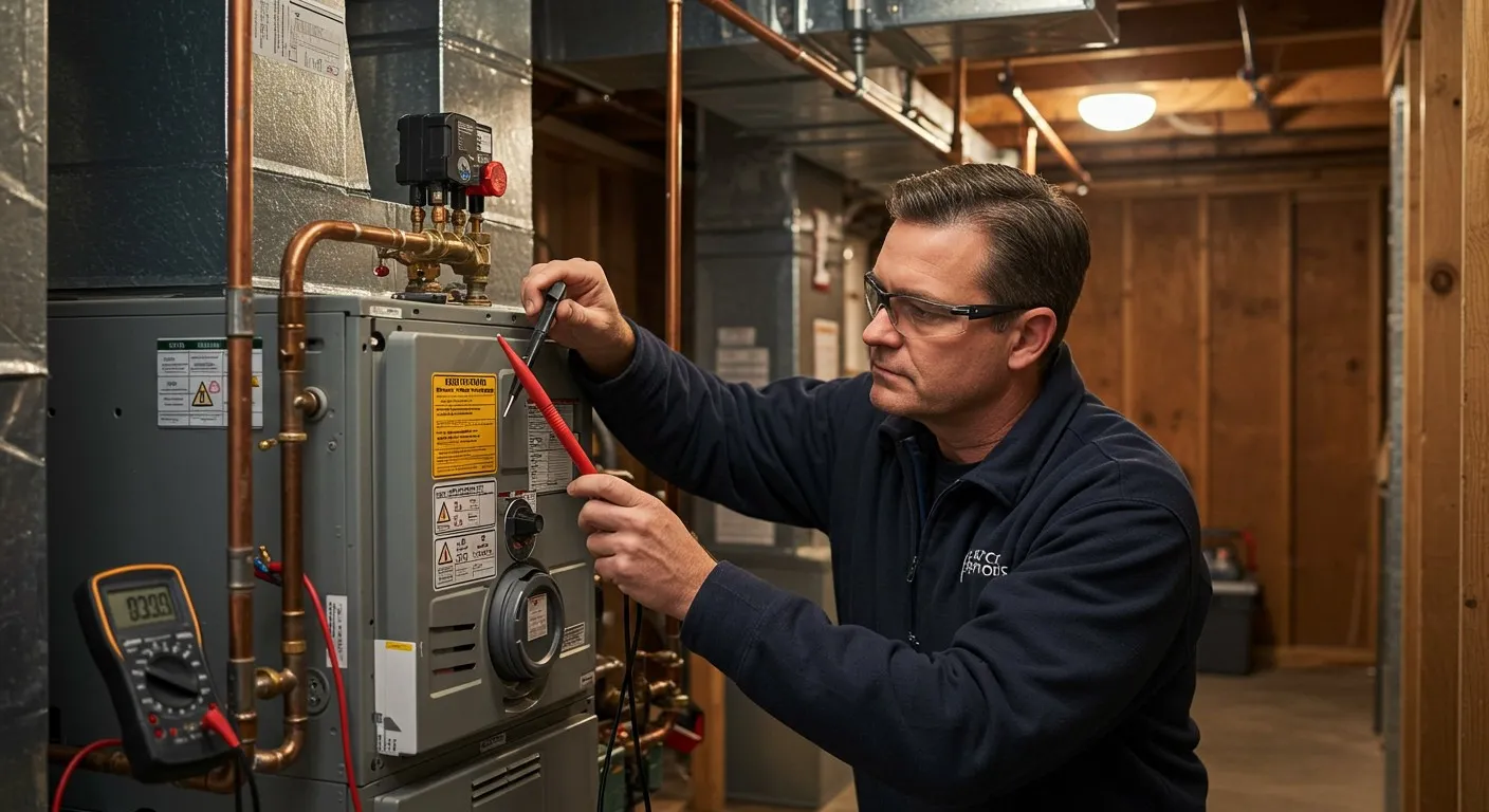 Technician repairing water heater with copper pipes and tools