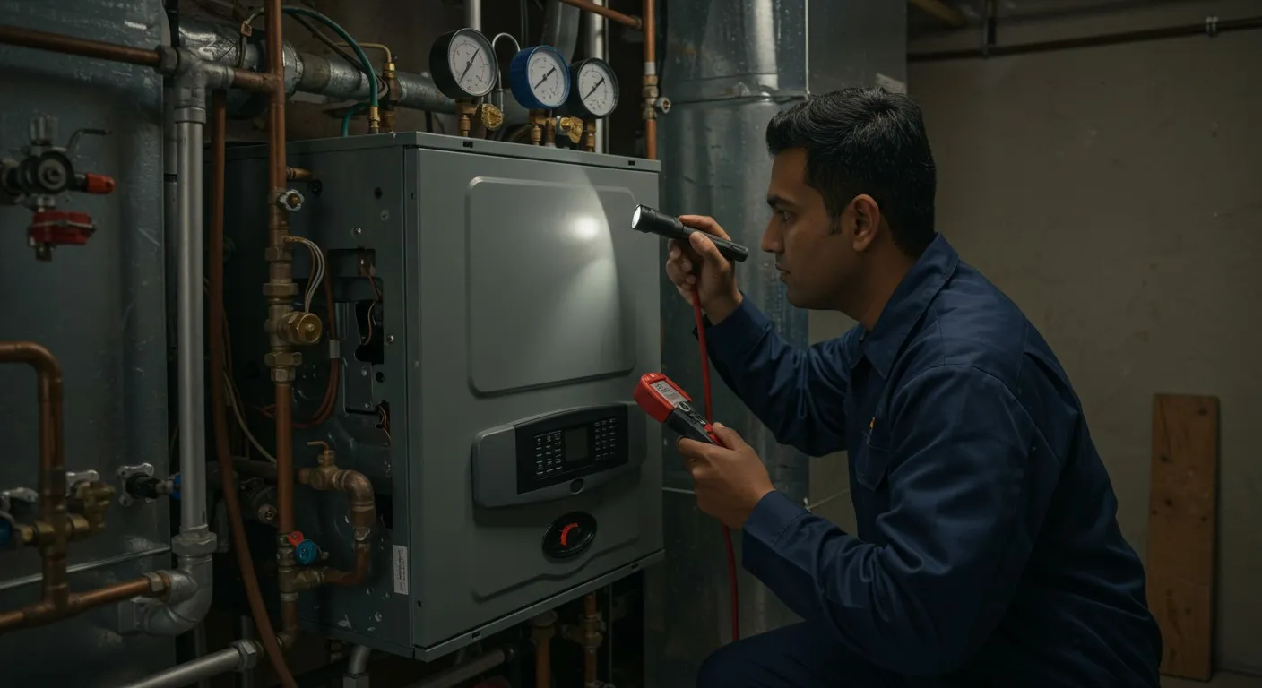 Technician repairing internal components of a water heater or boiler