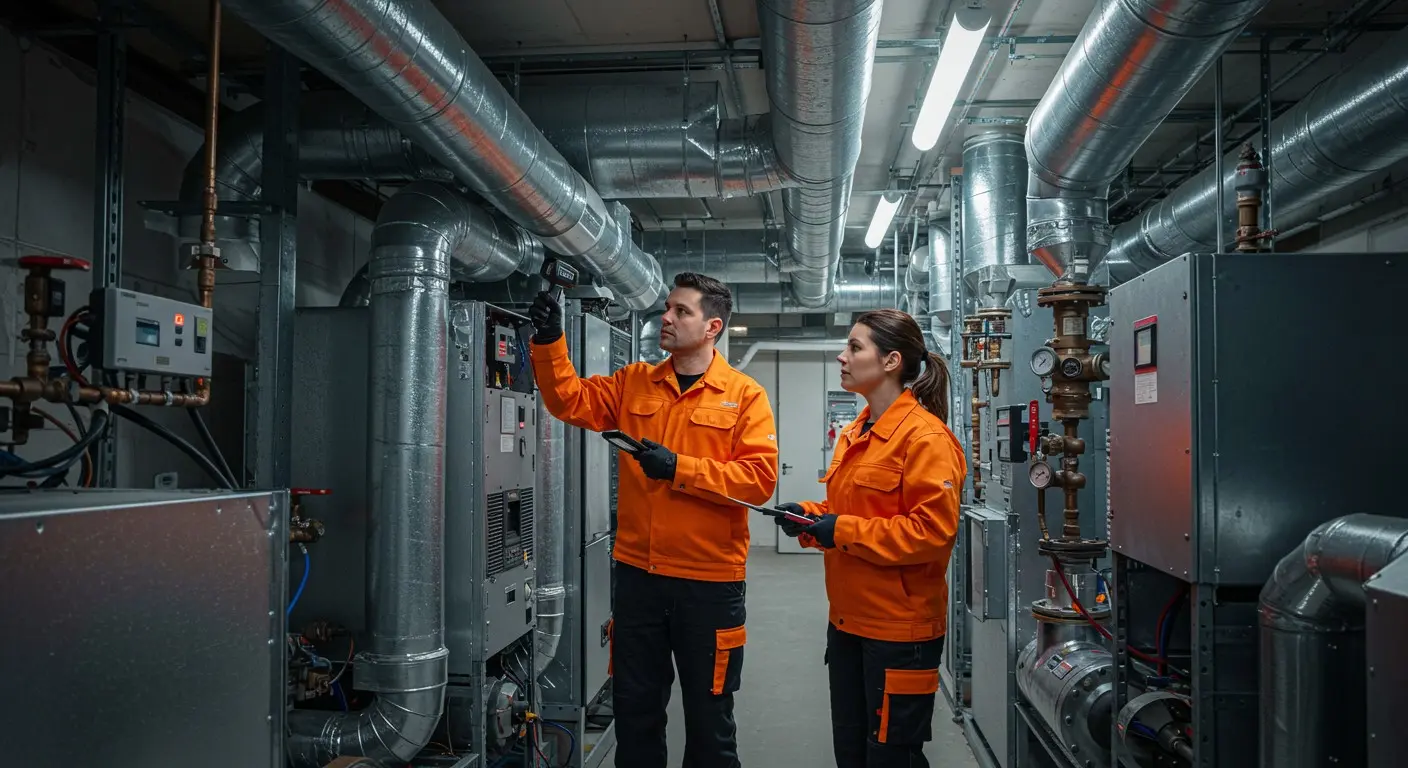 Plumber's hand adjusting copper pipes and valves in utility installation