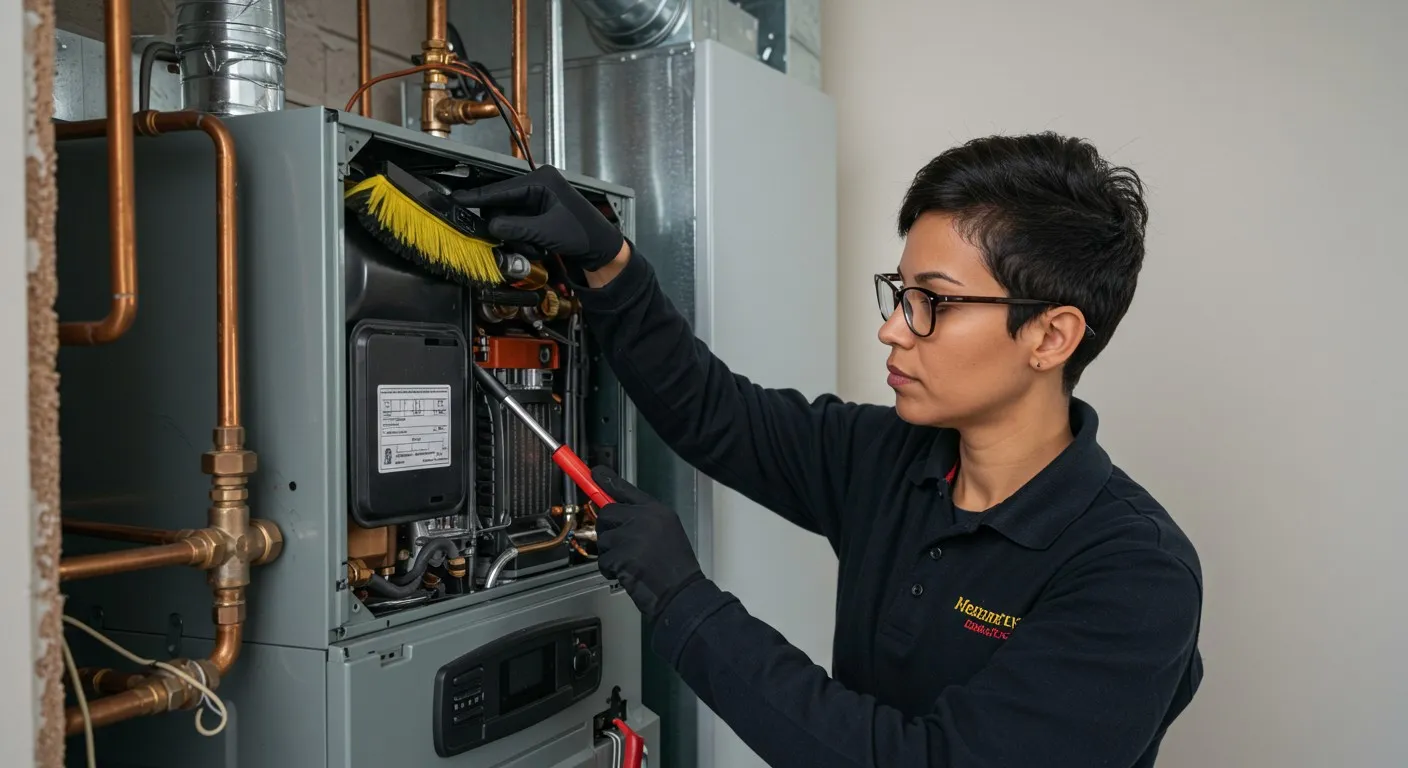 Technician repairing and inspecting an electrical or heating system panel