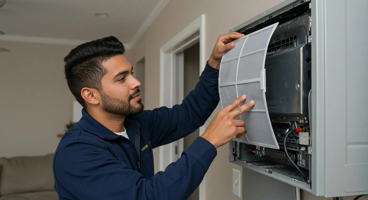 Technician repairs internal components of electrical or plumbing system