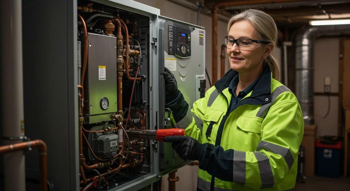 Technician repairing internal components of a water heater or boiler system