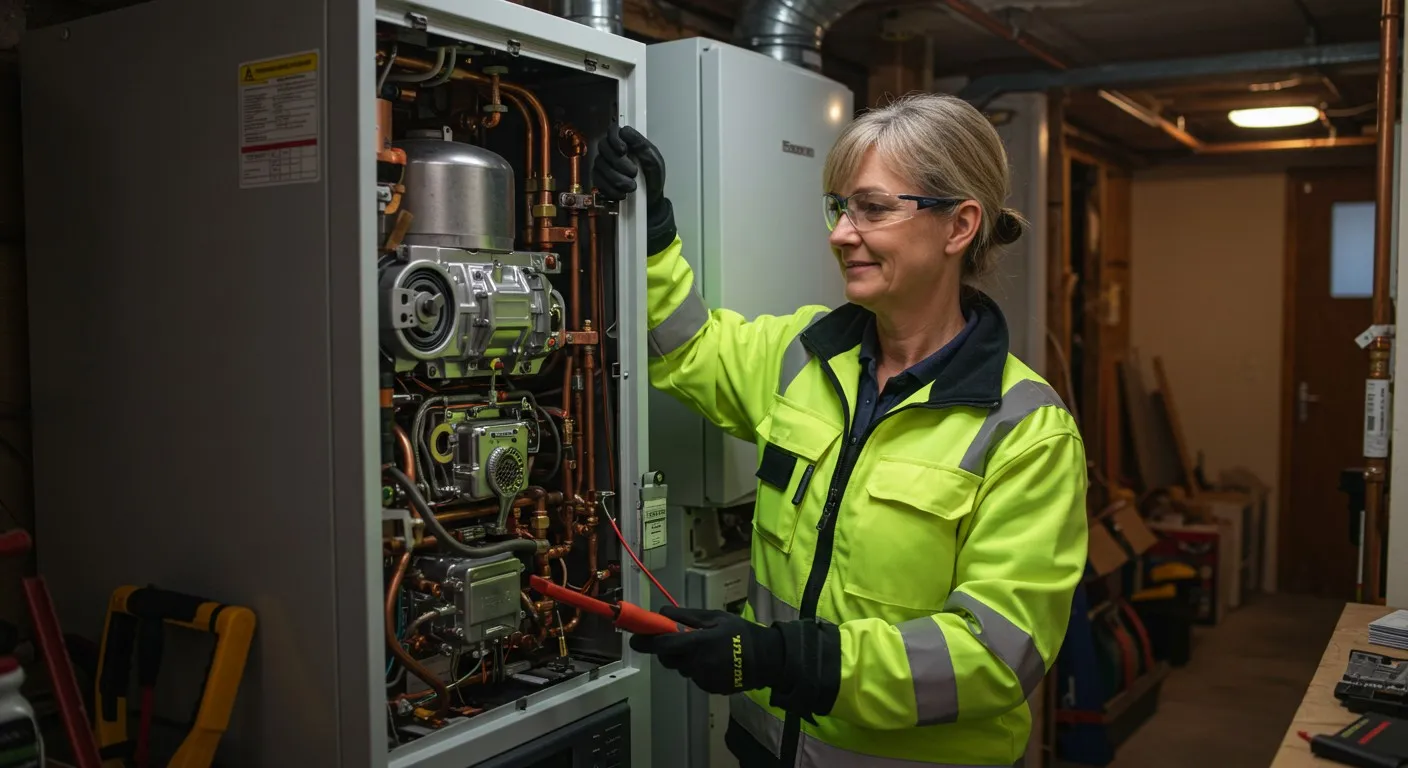 Technician in gloves repairing internal components of electrical or plumbing system