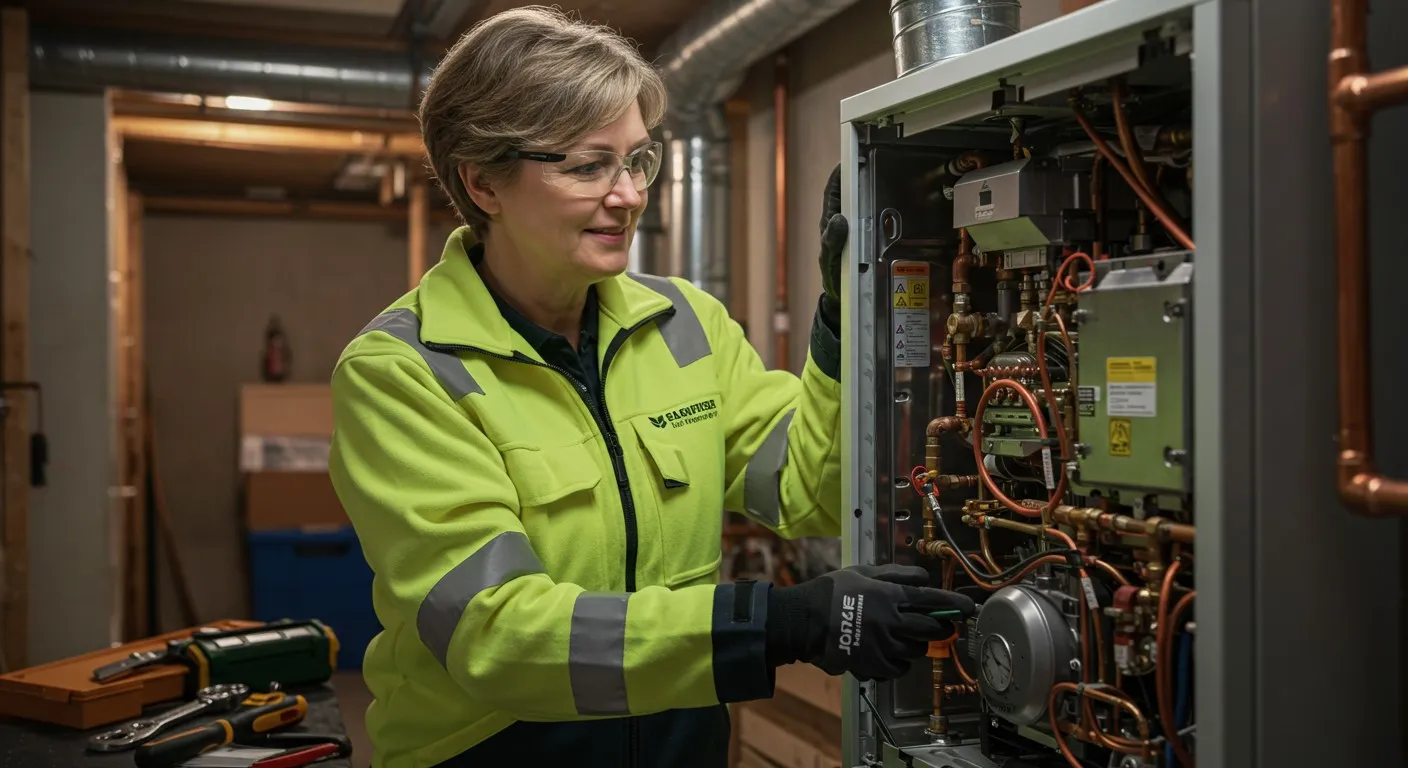 Technician repairs internal components of a heating system or boiler
