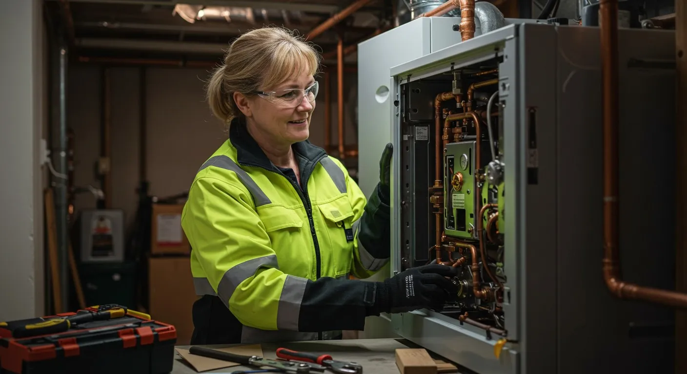 Technician repairing and inspecting internal components of a heating system