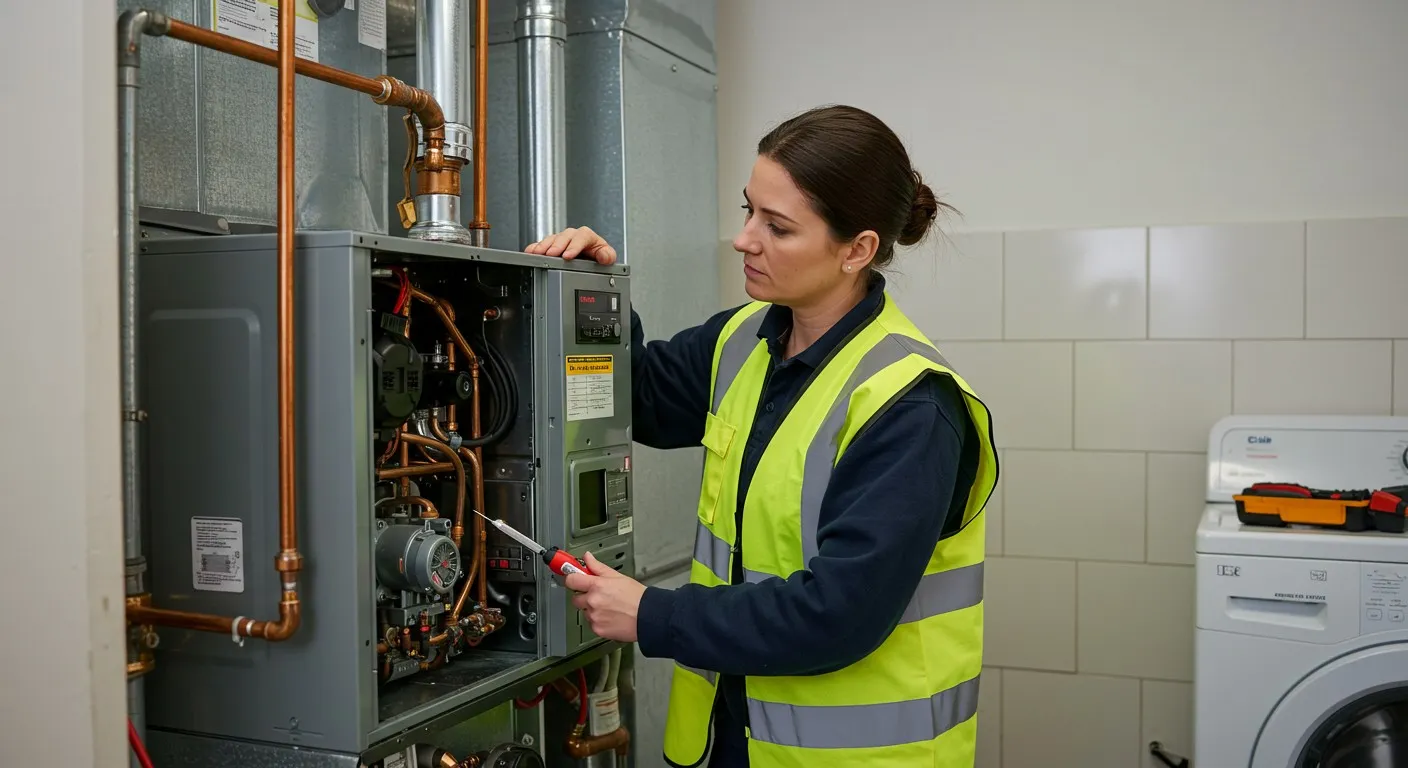 Plumber's hand adjusting copper and red pipes in mechanical connection