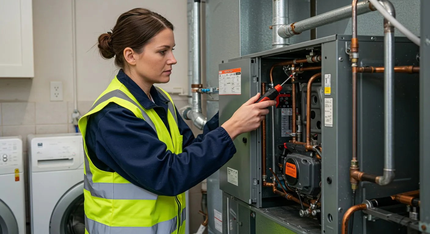 Technician repairing a water heater with copper pipes and tools
