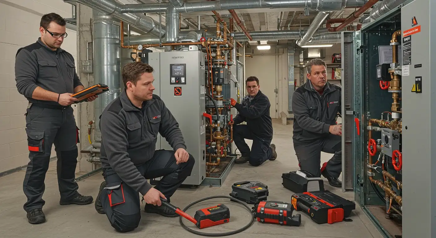  A group of four male HVAC technicians in matching work uniforms are inspecting and working on a boiler system and control panel in an industrial room. One technician is holding a tablet, and tools are laid out on the floor.