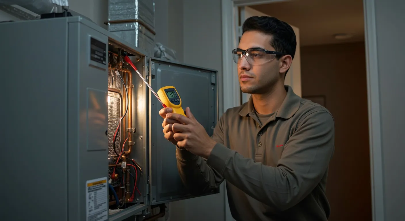 Plumber working on water heater connections with adjustable wrench