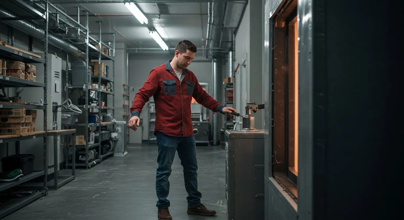 Technician repairing heating system, checking internal components of boiler unit