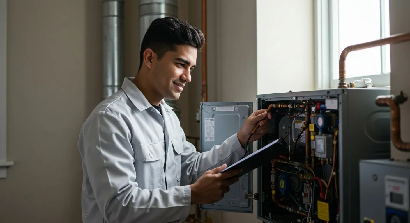 Technician adjusting or repairing a wall-mounted water heater