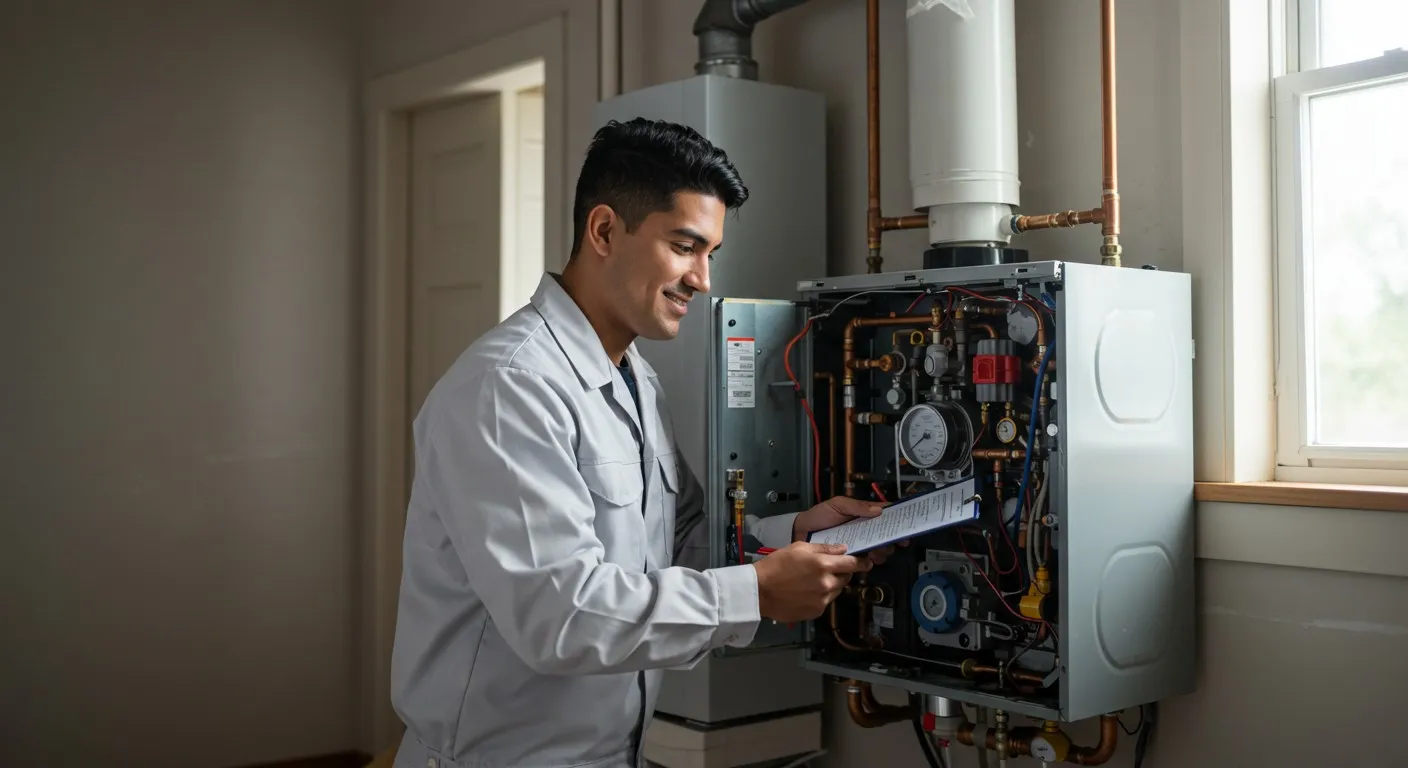 Technician repairing internal components of a white heating or electrical system