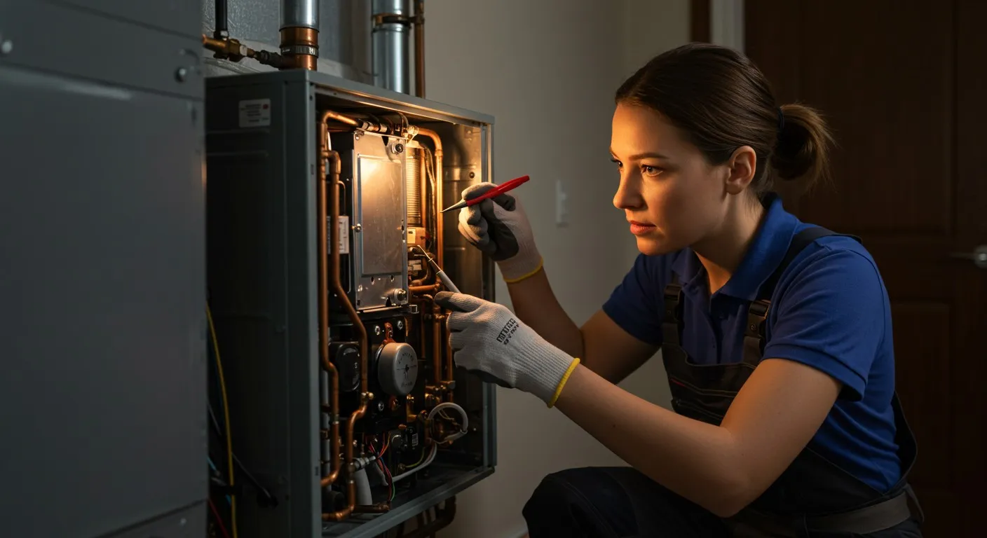 Technician repairing boiler with red screwdriver, exposed internal components visible