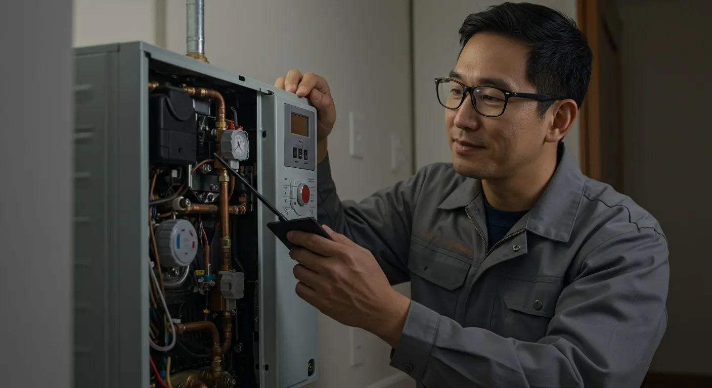 Plumber in hard hat installing pipes and connections on heating system