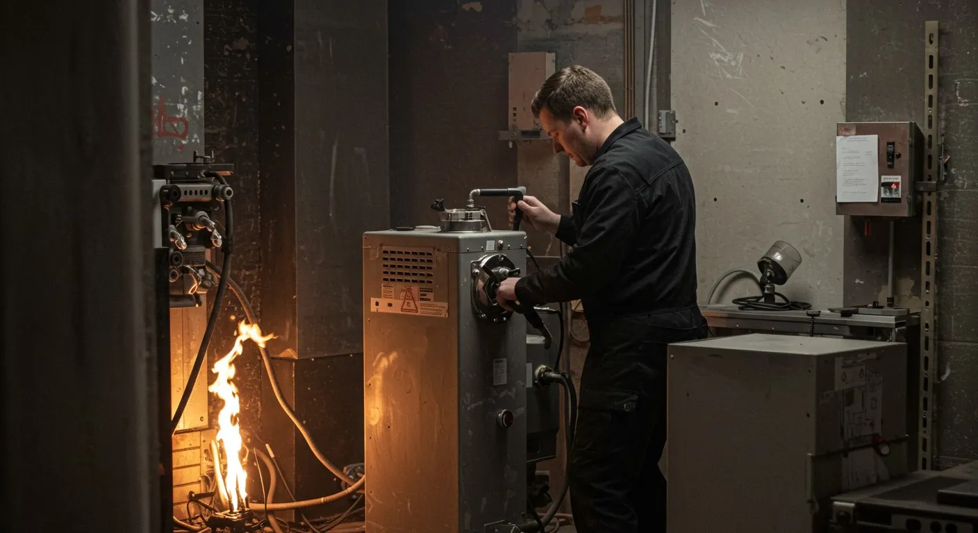 Technician repairing an electrical or heating system control panel