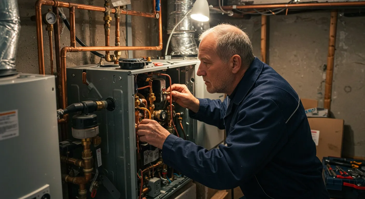 Technician repairs electrical or plumbing connections inside an open panel