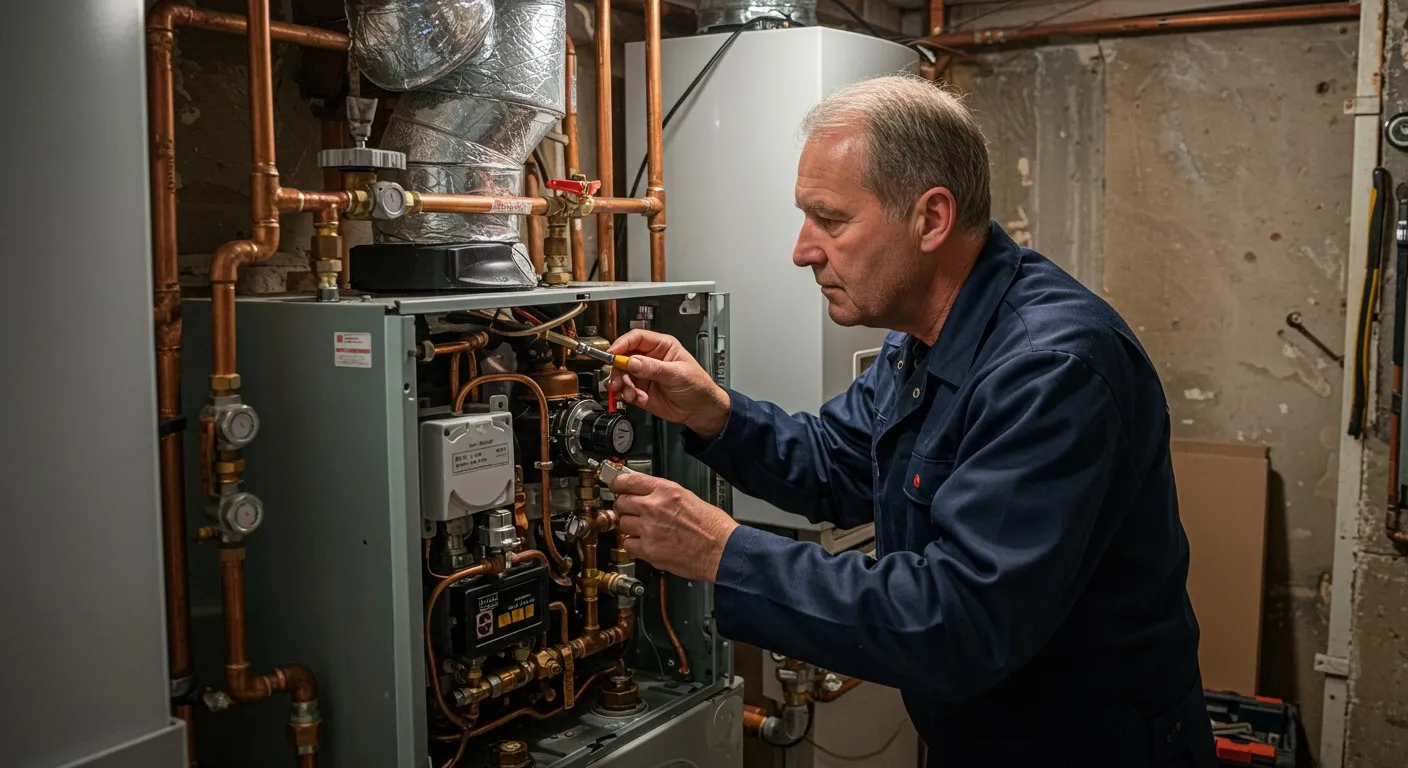 Technician checking water heater connections with adjustable wrench