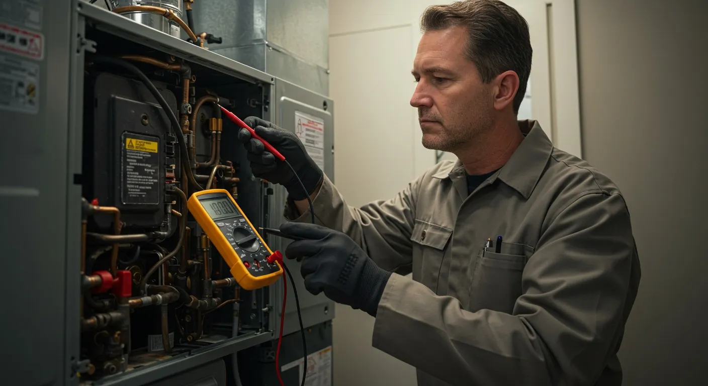 Plumber in hard hat installing pipes and connections on utility system