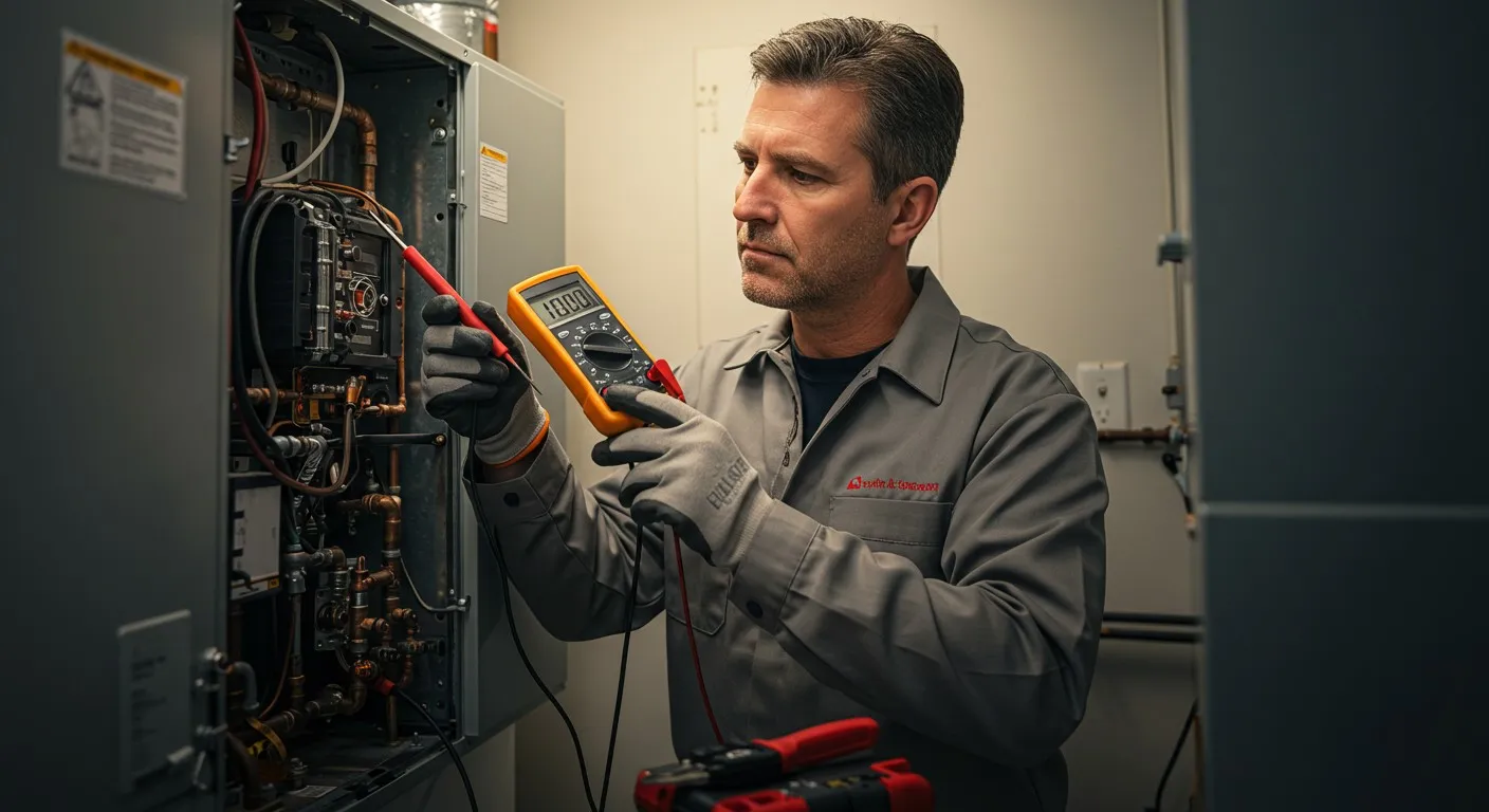 Technician repairing boiler with red screwdriver and exposed internal components