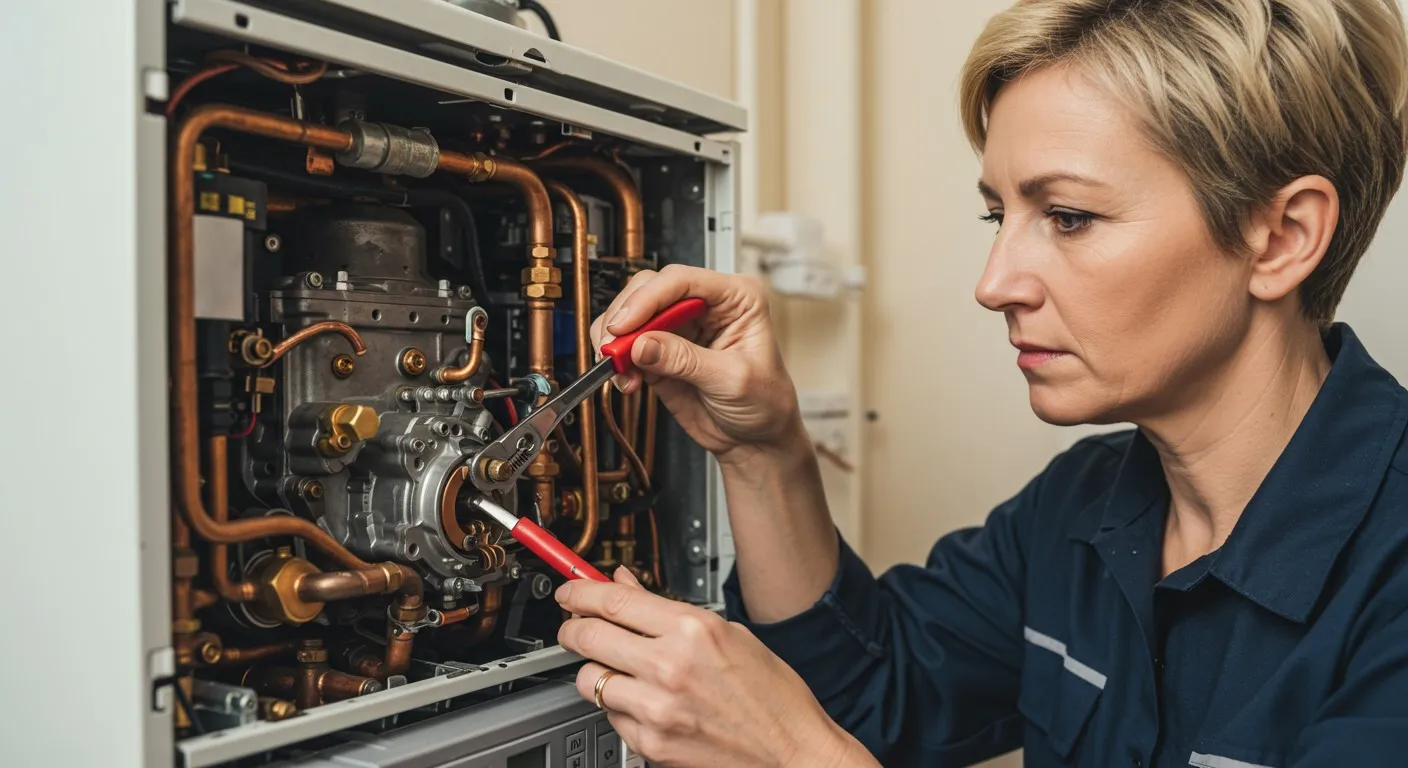 Technician repairing internal components of a white electrical or heating appliance